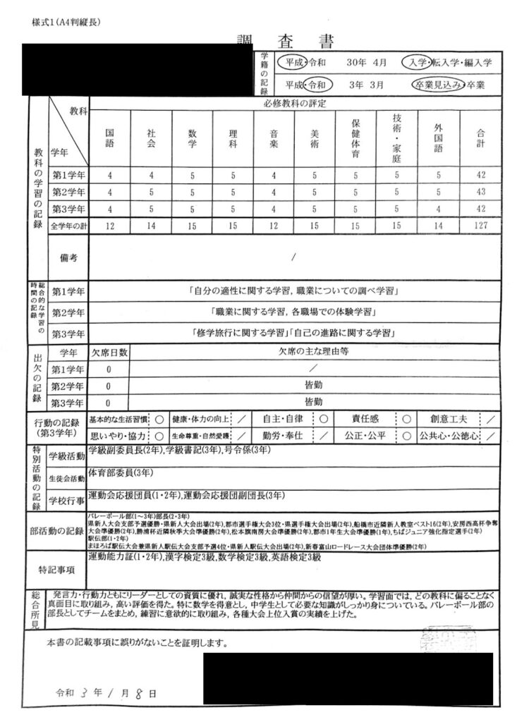 千葉県高校入試調査書の事例