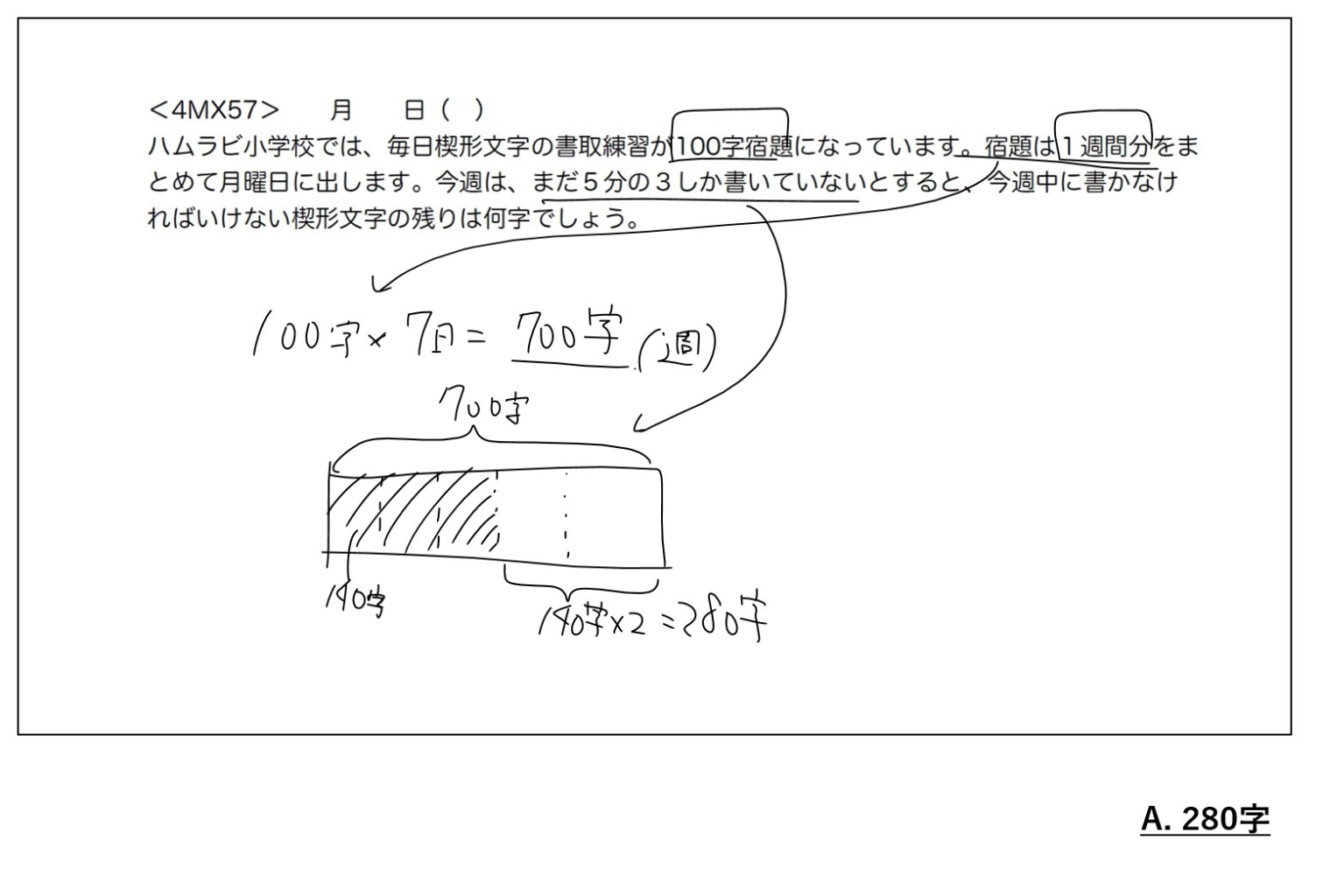 書き取り練習の文章題の手書きの解き方。100字×7日=700字を線分図に描き、残りは280字