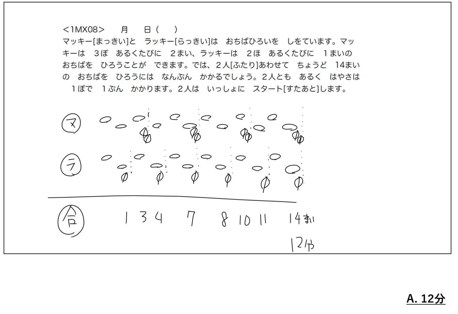 落ち葉拾いの文章題の手書きの解き方。2人の足あとと拾った落ち葉を絵に描いて数え、答えは12分
