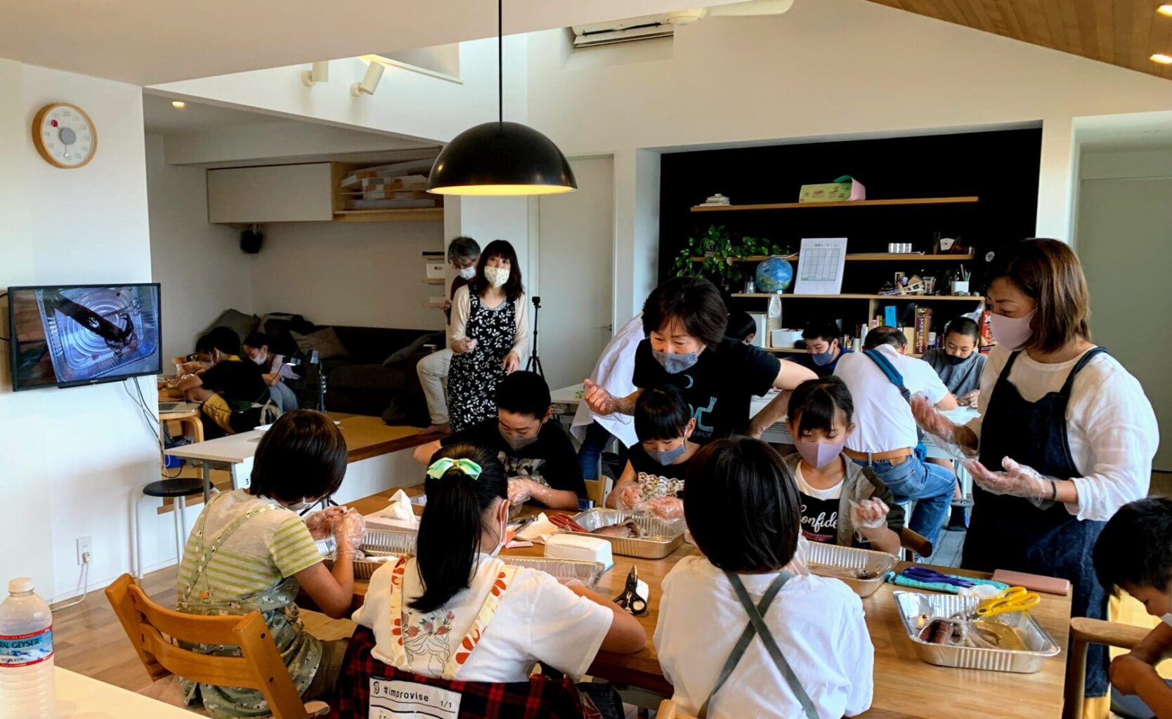 館山市の学習塾ランゲージ・ラボラトリーのイカの解剖実験の様子。