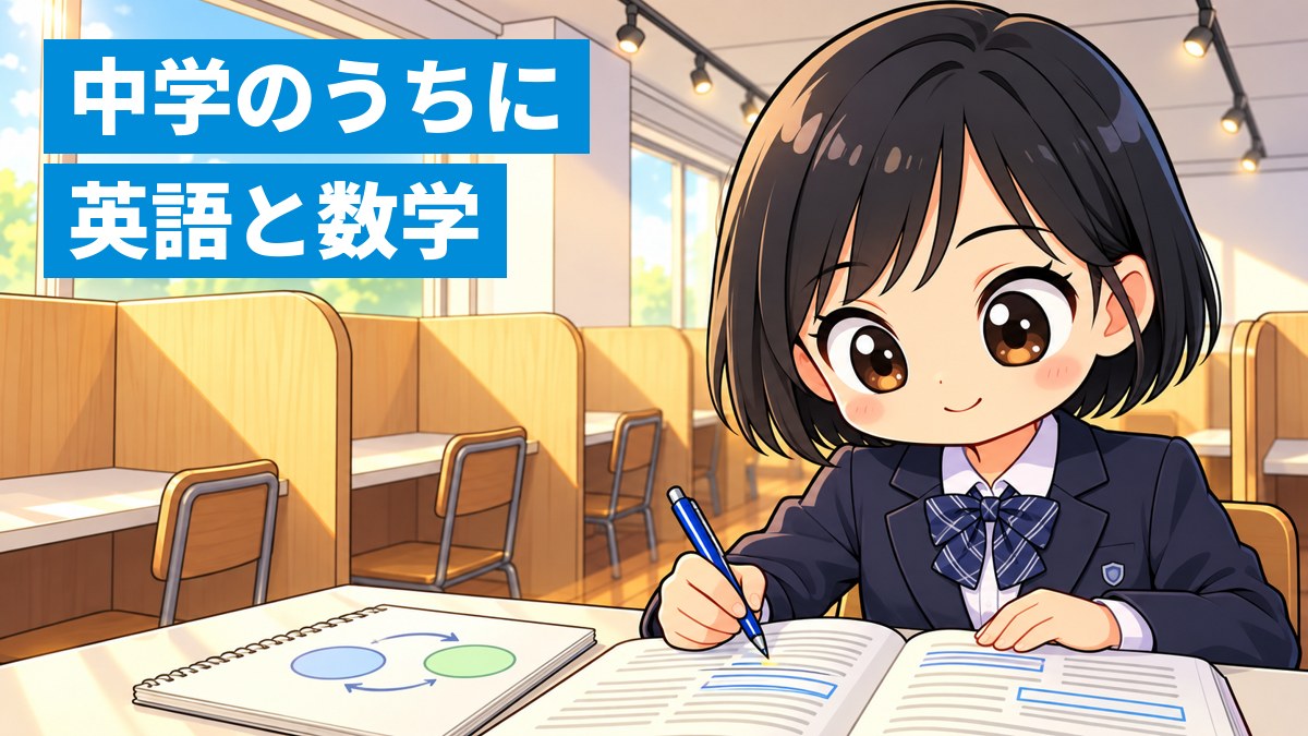 塾の自習ブースで、英語の長文に線を引きながら、横のノートに図を描いて考える女子中学生。「中学のうちに 英語と数学」の文字。