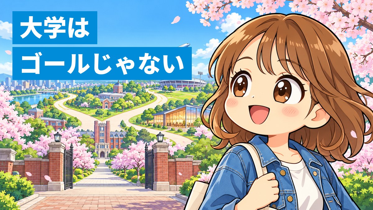 春の大学のキャンパスで、桜の下、門の先に広がるいくつもの道を見渡してワクワクする大学生の女性。「大学は ゴールじゃない」の文字。