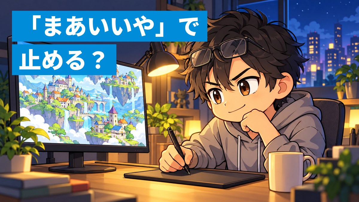 夜のゲーム会社の制作室で、机の上の板タブにペンを走らせながら、モニターに映る絵の細部を真剣に見つめる若い大人の男性クリエイター。「「まあいいや」で 止める?」の文字。