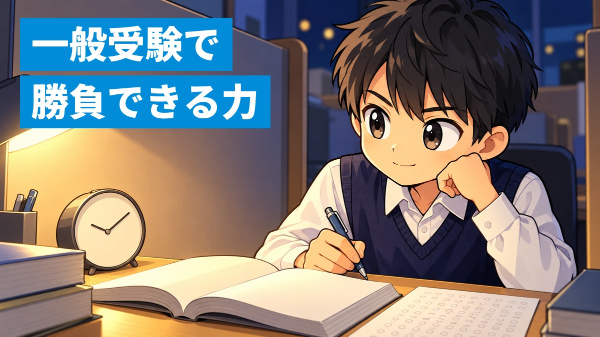 予備校の自習ブースで、赤本のような分厚い過去問集を開き、時計を横に置いて真剣に解く男子高校生。「一般受験で 勝負できる力」の文字。