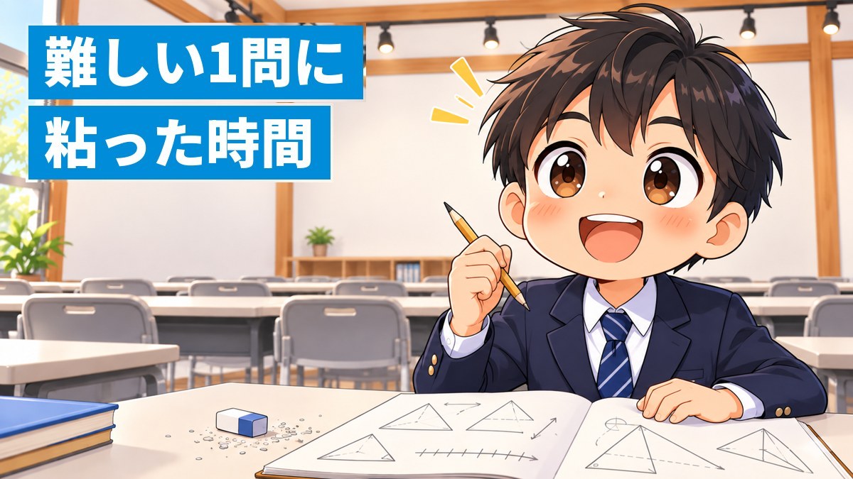 塾の教室で、図を描き込んだノートに向かい、難しい数学の問題が解けた瞬間にひらめいた顔をする男子中学生。「難しい1問に 粘った時間」の文字。