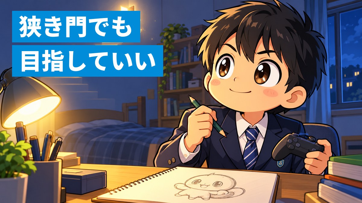 自分の部屋で、ゲーム機のコントローラーとアニメの絵を描いたスケッチブックを手に、遠くの小さな光る扉を見つめてワクワクする男子中学生。「狭き門でも 目指していい」の文字。