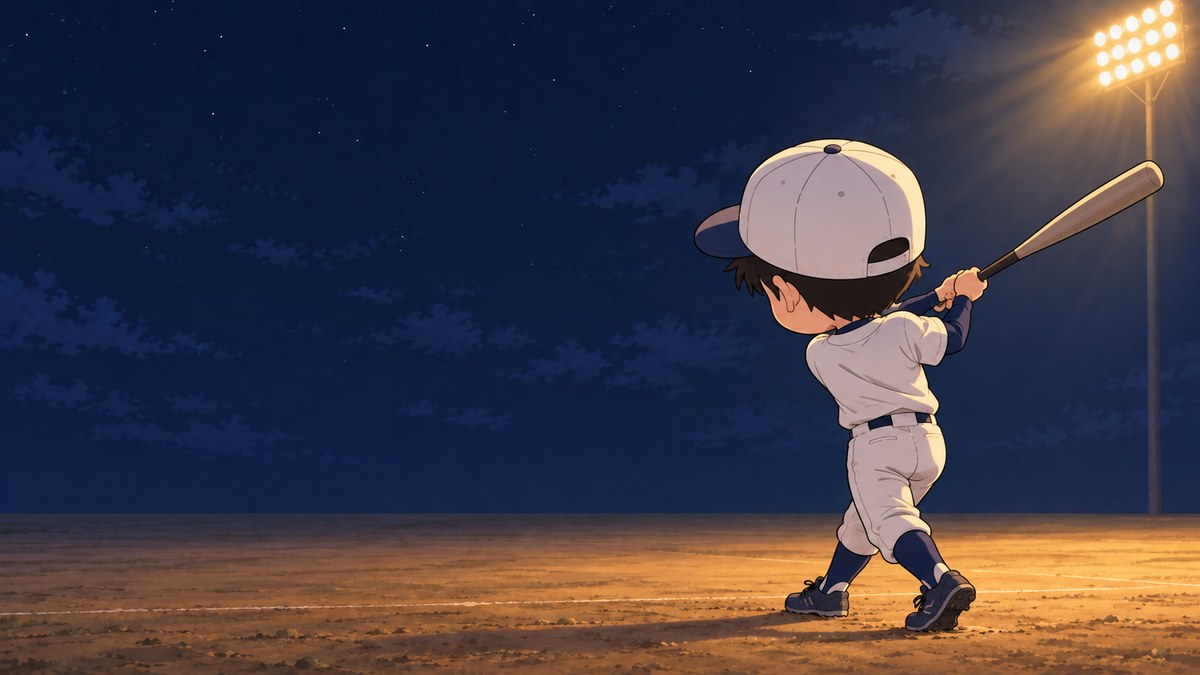 夜のグラウンドで一人で素振りをする中学生