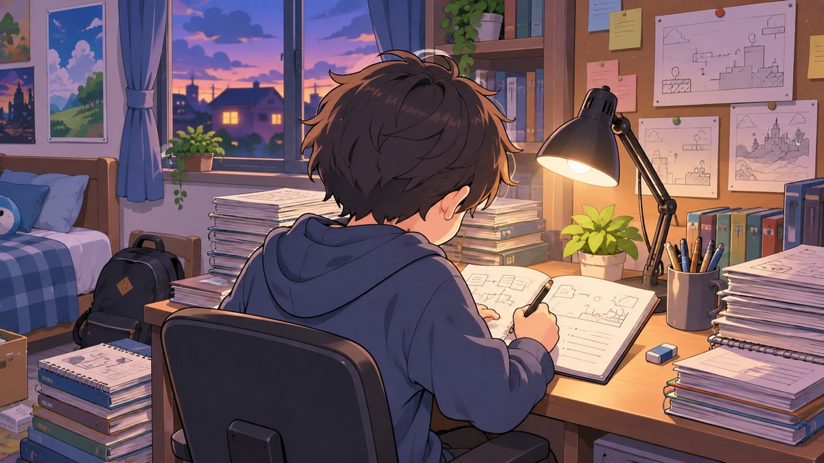 企画のノートを積み上げて書き続ける中学生