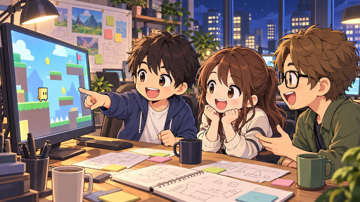 試作を囲んで作り直しを話し合う開発チーム