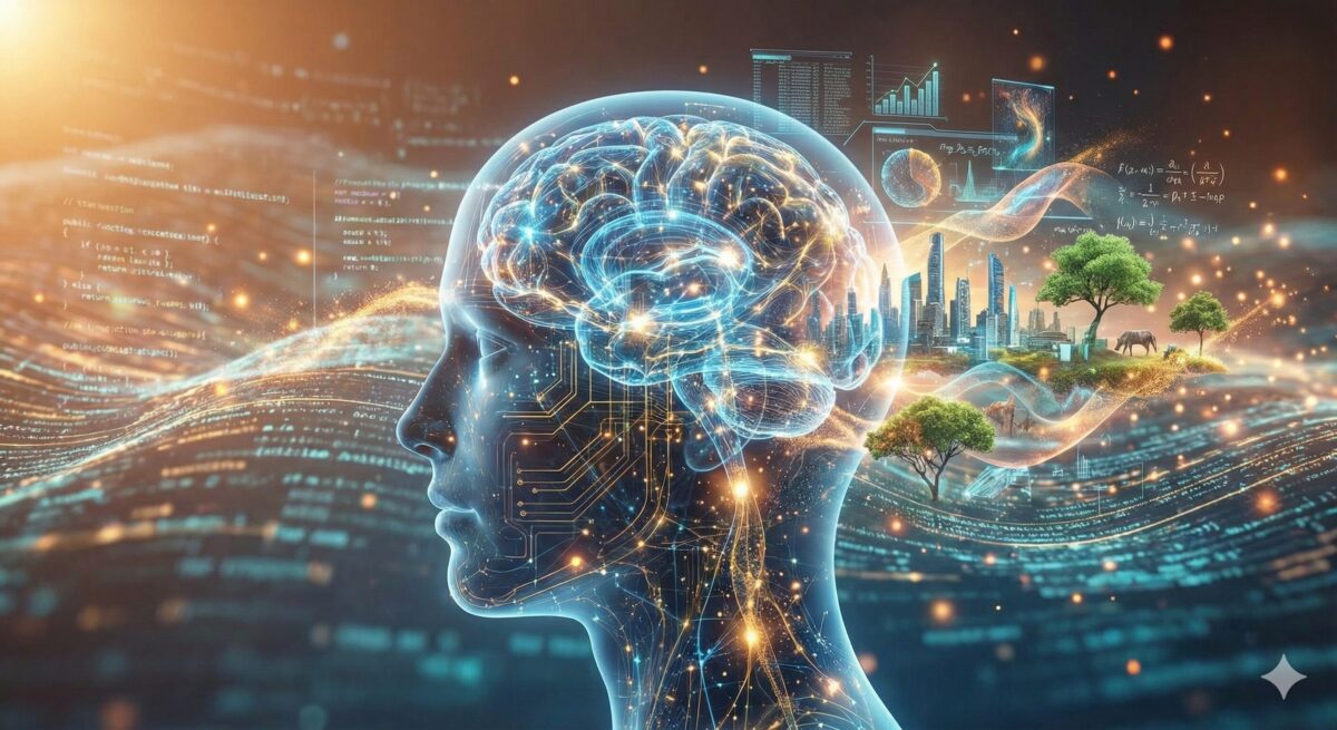AIと数学的思考をイメージした、脳が光る人の横顔のイラスト