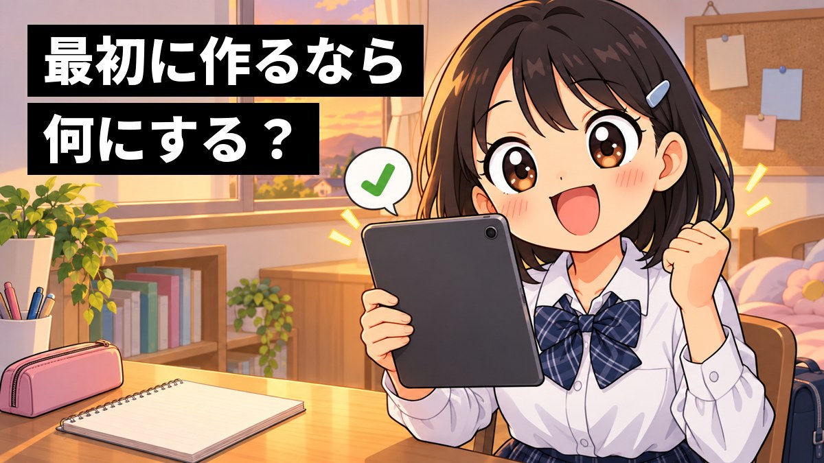自分の部屋の机で、AIと一緒に作った自分用の単語帳アプリがタブレットで動き、拳を握って目を輝かせる女子中学生。「最初に作るなら何にする?」の文字。