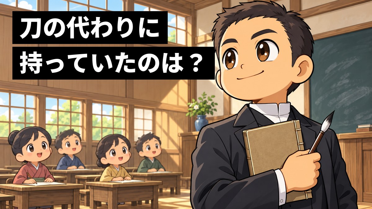 明治の木造の小学校の教室で、刀の代わりに分厚い本を胸に抱え、胸を張って誇らしげに子どもたちの前に立つ元武士の先生。「刀の代わりに持っていたのは?」の文字。