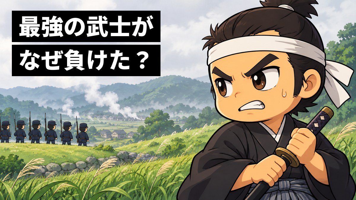 明治の戦場の草原で、刀を握りしめて歯を食いしばる薩摩の武士。遠くには鉄砲を肩にかついで整列する洋服の兵士たち。「最強の武士が、なぜ負けた?」の文字。