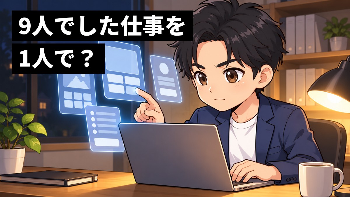 夜の書斎の机で、ノートパソコンに浮かぶアプリの画面の試作を前に、口を結んで没頭して作る塾長。「9人でした仕事を1人で?」の文字。