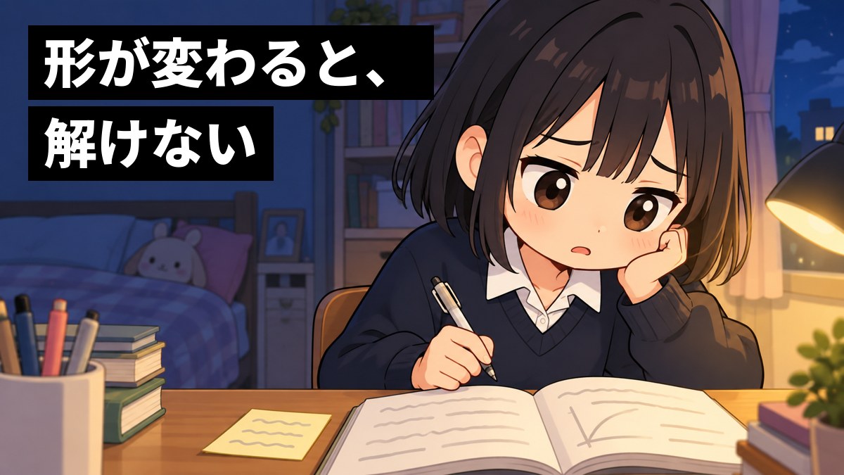 夜の自分の部屋の机で、問題集を前にペンを止め、途方にくれる紺のセーター姿の女子高校生。「形が変わると、解けない」の文字。