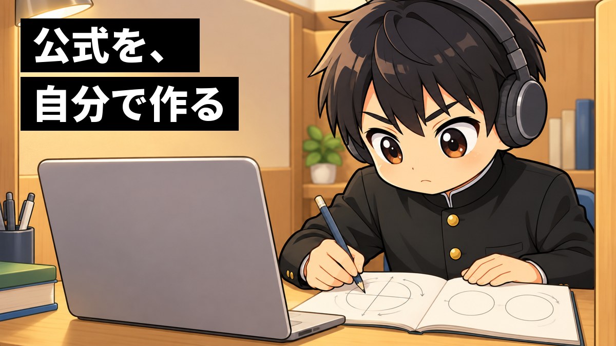 東進の受講ブースで、ヘッドホンをつけ、ノートに円と矢印の図を夢中で書きこむ学ラン姿の男子高校生。「公式を、自分で作る」の文字。