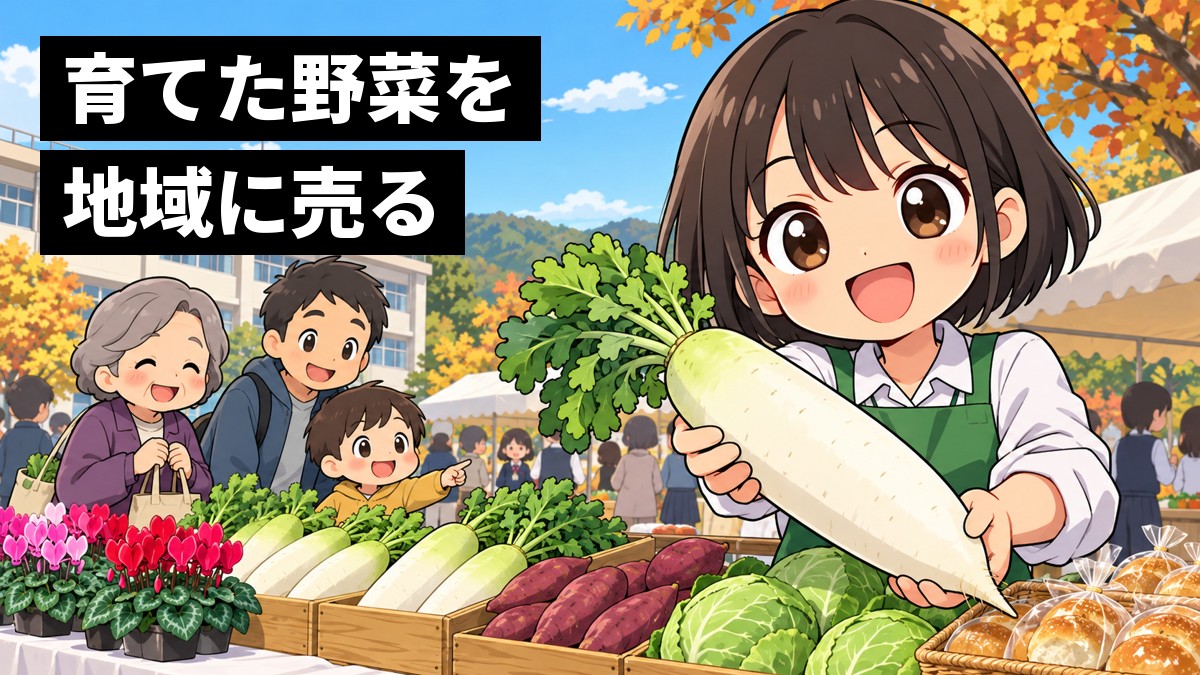 秋の学校祭の野菜売り場で、エプロン姿の女子高校生が育てた大根を両手で差し出し、笑顔で呼び込んでいる。台には野菜・シクラメンの鉢・パンが並び、地域のお年寄りや親子でにぎわっている。「育てた野菜を地域に売る」の文字