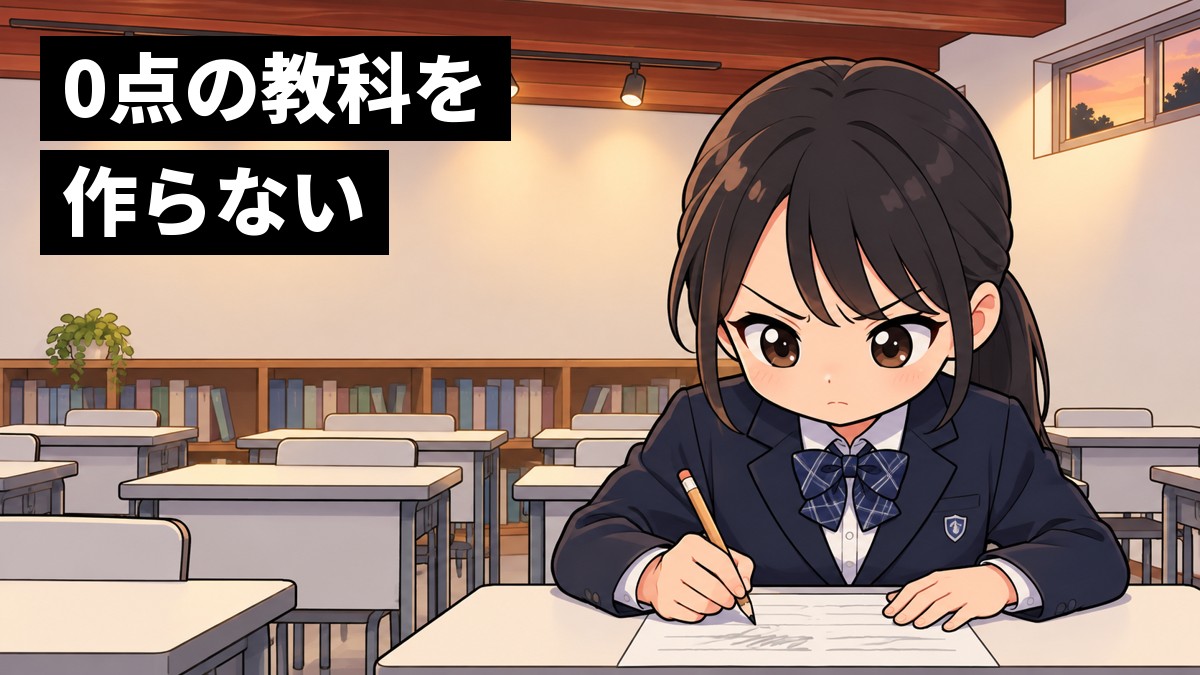 夕方の塾の教室で、紺のブレザーの中学3年生の女子が基本問題のプリントに向かい、口をぎゅっと結んで眉を寄せ、鉛筆を強く走らせている。「0点の教科を作らない」の文字