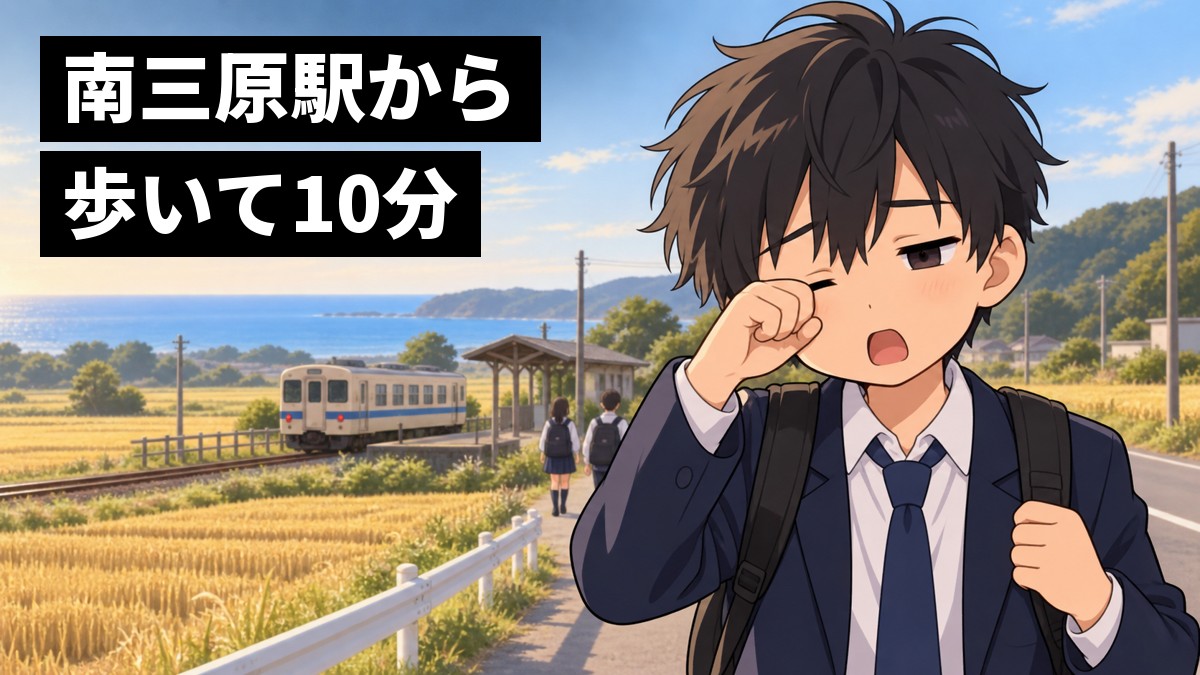 朝の田舎道を、ブレザーの制服にリュックの男子高校生が眠そうに目をこすりながら歩いている。うしろには小さな駅と、田んぼの向こうに海が見え、ほかの高校生も歩いている。「南三原駅から歩いて10分」の文字