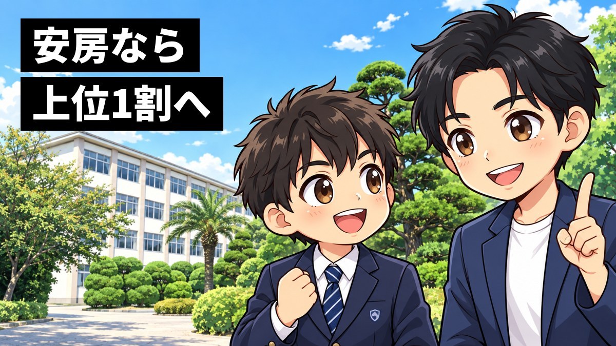 安房高校の白い校舎と松の木の前で、塾長の小池が館山中の制服の男子中学生に、学年の上位1割を目指そうと話している。男子中学生はこぶしを握って顔を明るくしている。「安房なら」「上位1割へ」の文字。