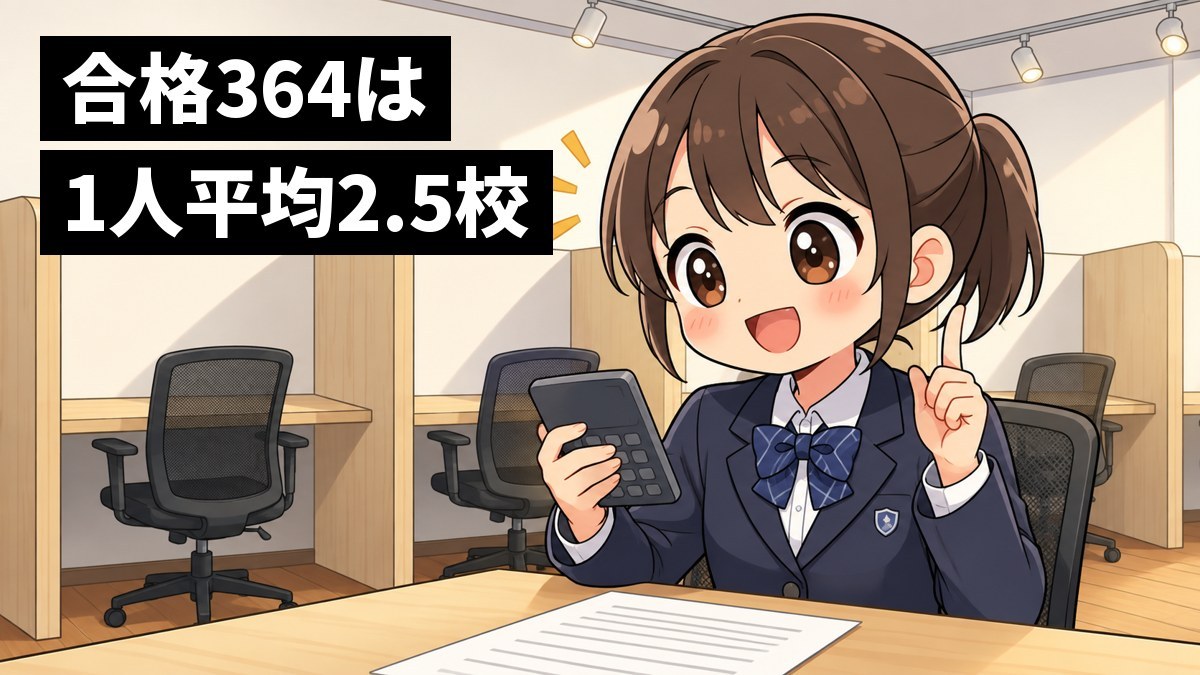 塾の自習席で、館山中の制服の女子中学生が電卓をたたき、合格数が延べ数だと気づいてひらめいた顔をしている。「合格364は」「1人平均2.5校」の文字。