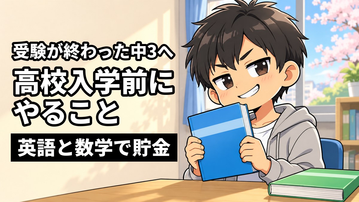 桜の見える春休みの自分の部屋で、私服の中学3年生の男子が新しい分厚い単語帳を胸の前に持ち、得意げに笑っているイラスト。「受験が終わった中3へ」「高校入学前にやること」「英語と数学で貯金」の文字。