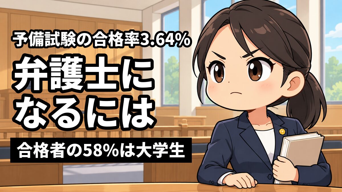 明るい法廷で、紺のスーツに金色のバッジをつけた若い女性の弁護士が、分厚い書類を胸に抱えて、きりっとした目で前を見つめている。「予備試験の合格率3.64%」「弁護士になるには」「合格者の58%は大学生」の文字。
