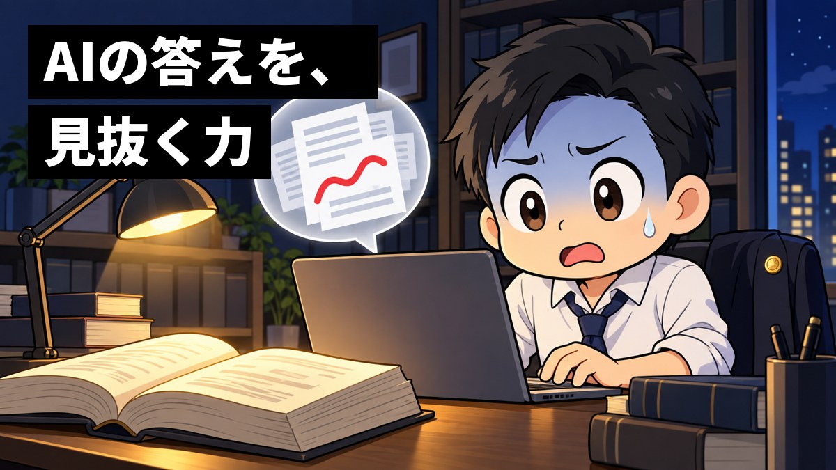 夜の法律事務所の机で、紺のスーツの男性の弁護士が、パソコンのAIが出した答えに実在しない判例が混じっていると気づき、青ざめて目を見開いている。パソコンからは書類の吹き出し。「AIの答えを、見抜く力」の文字。