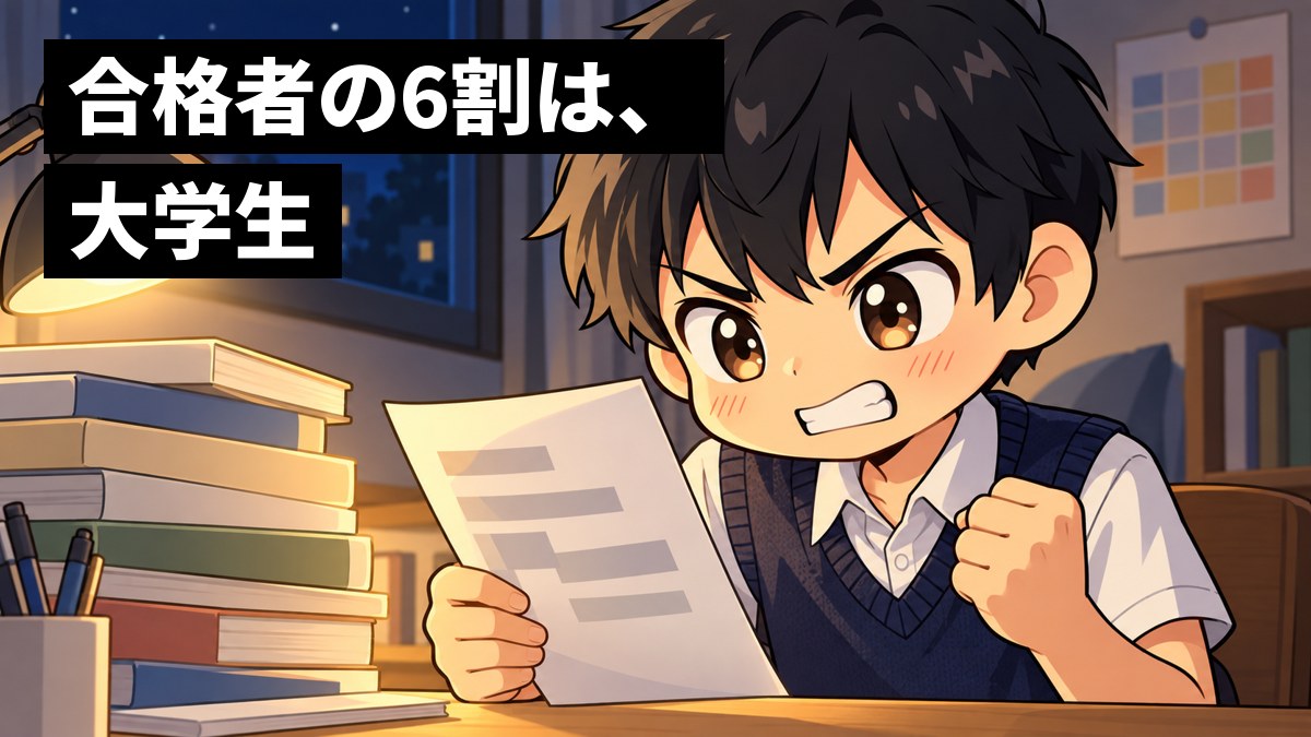夜の自分の部屋の机で、白シャツに紺のベストの男子高校生が、模試の結果の紙を握りしめ、悔しくて歯を食いしばっている。机には参考書が積み上がっている。「合格者の6割は、大学生」の文字。