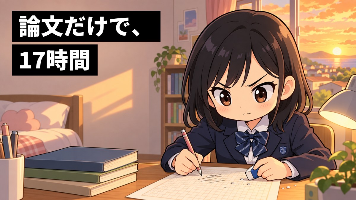 放課後の自分の部屋で、制服の女子中学生が、原稿用紙に向かって作文を書き直している。悔しそうに眉を寄せ、消しゴムを握っている。「論文だけで、17時間」の文字。