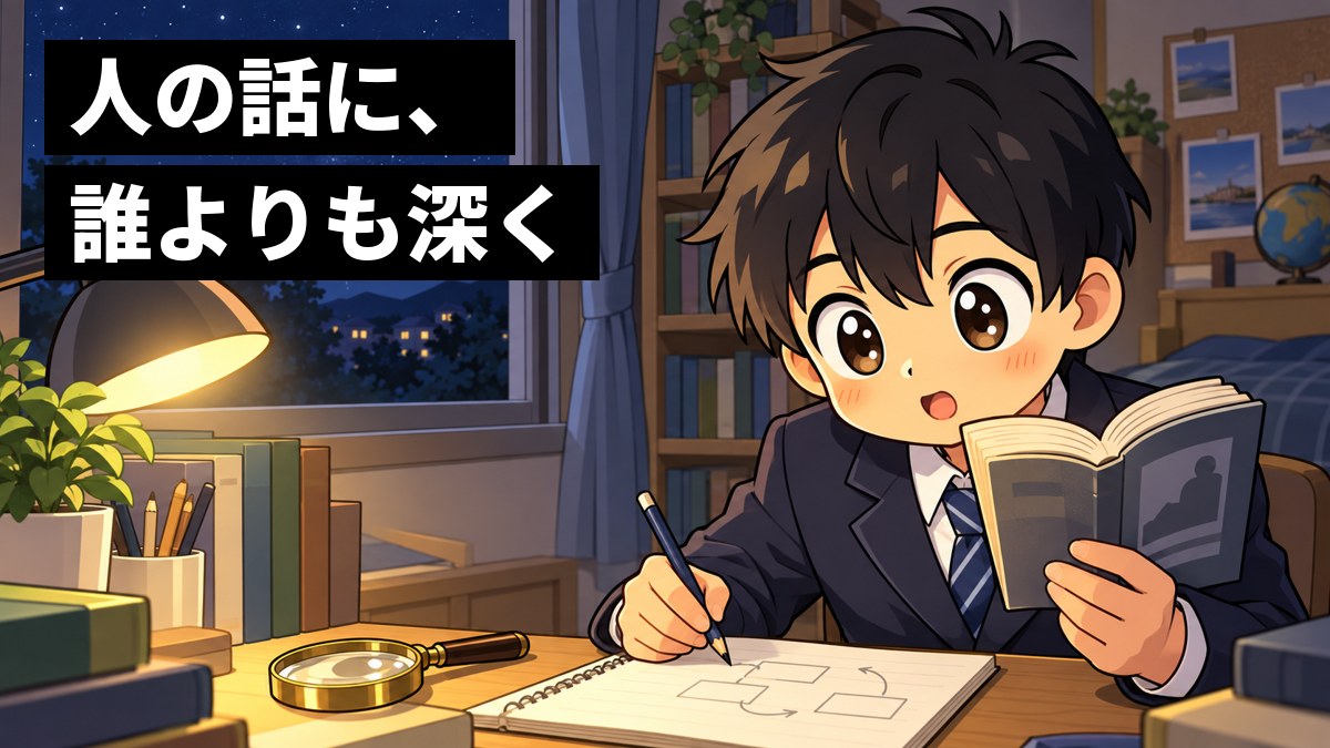 夜の自分の部屋の机で、制服の男子中学生が推理小説を開き、証拠のメモを書き出しながら、謎解きに夢中になってワクワクと身を乗り出している。「人の話に、誰よりも深く」の文字。