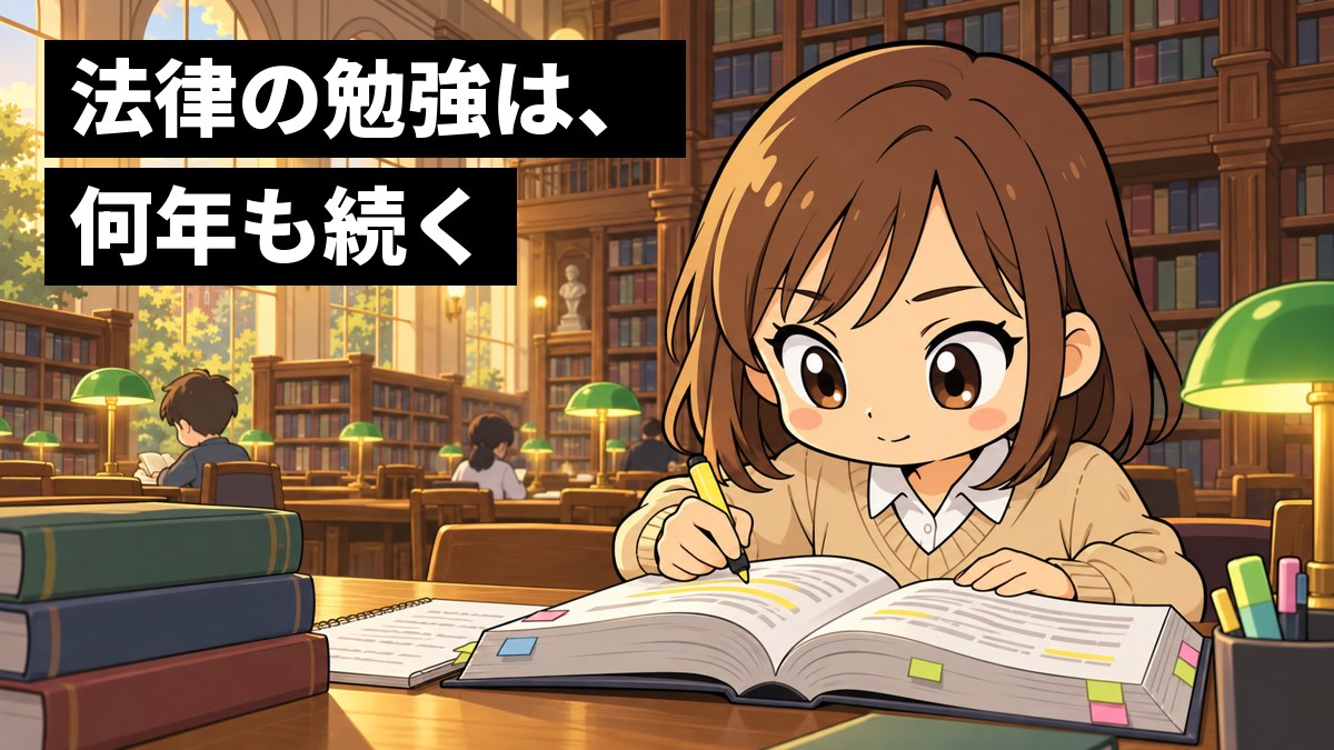 夕方の大学の図書館で、私服の女子大学生が、分厚い法律の本とノートを広げて、時間を忘れて没頭している。「法律の勉強は、何年も続く」の文字。