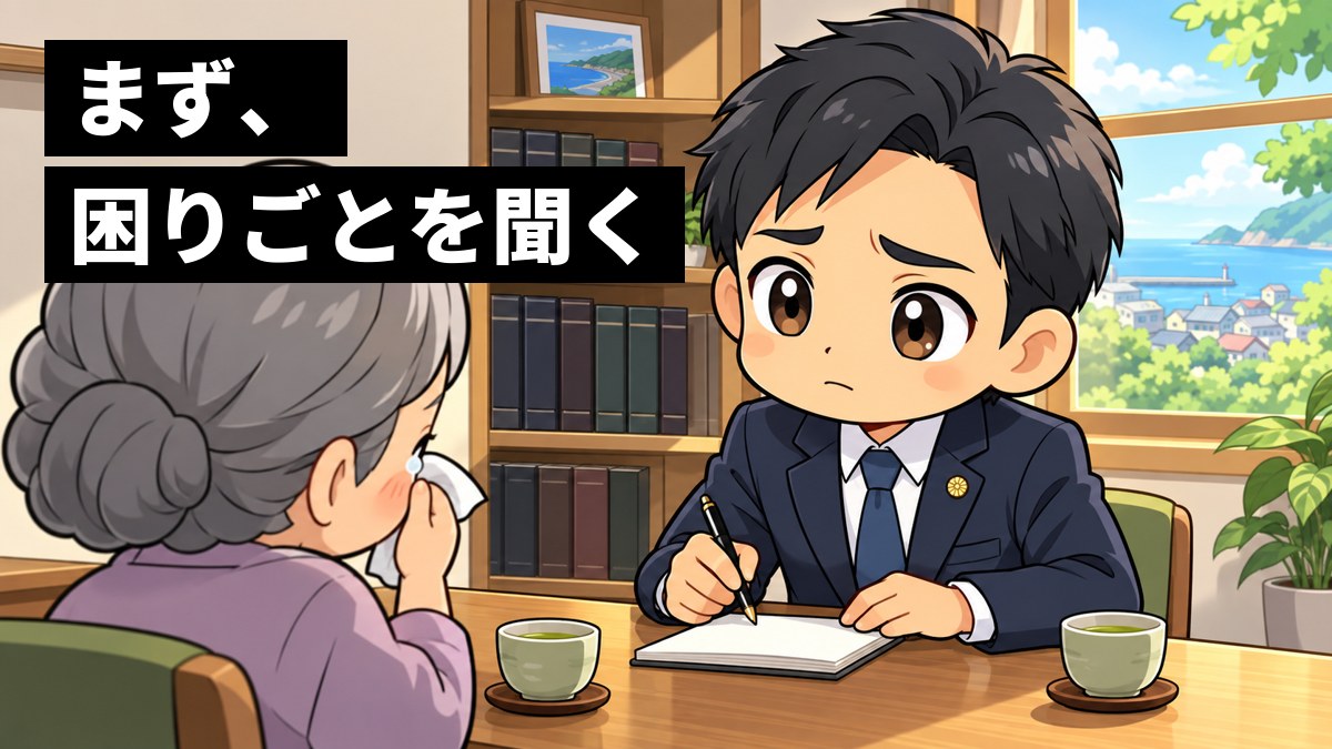 小さな町の法律事務所の相談室で、紺のスーツに金色のバッジをつけた男性の弁護士が、向かいに座る年配の女性の話を、眉を下げて心配そうに聞いている。「まず、困りごとを聞く」の文字。