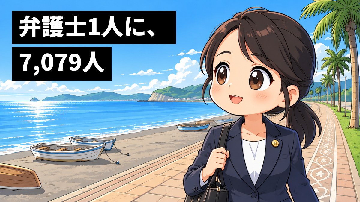 館山の北条海岸の遊歩道で、カバンを持った紺のスーツの若い女性の弁護士が、海を見ながら、地元で働く未来を思い描いて目を輝かせている。「弁護士1人に、7,079人」の文字。