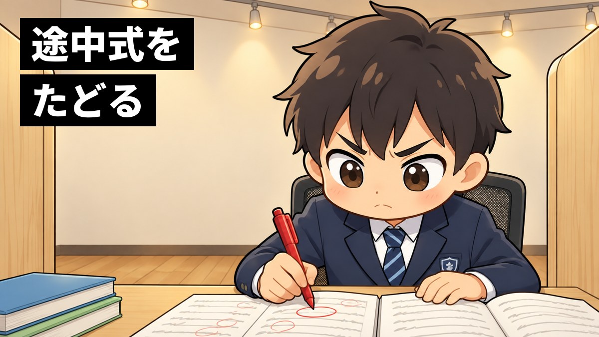 塾の自習ブースで、館山中の制服の男子が、自分の書いた途中式を赤ペンで上から順にたどり、まちがえた行を悔しそうににらんでいる挿絵。文字「途中式をたどる」