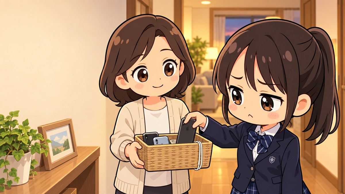 家の廊下で、館山中の制服の女子が、通知を切ったスマホを母親が持つかごにしぶしぶ入れ、名残惜しそうに眉を下げている挿絵。