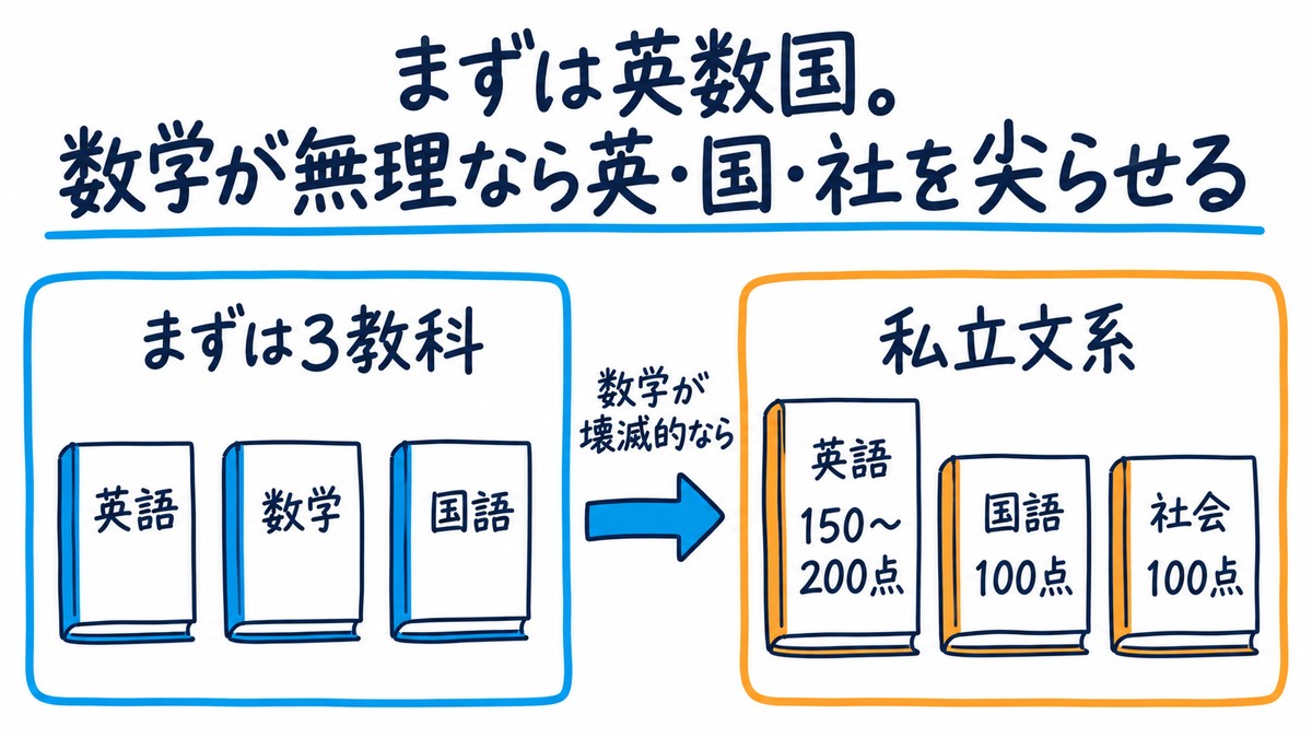 勉強の戦略の手描き図解。左に「まずは3教科:英語・数学・国語」、矢印「数学が壊滅的なら」で右の「私立文系:英語150〜200点・国語100点・社会100点」。見出しは「まずは英数国。数学が無理なら英・国・社を尖らせる」。
