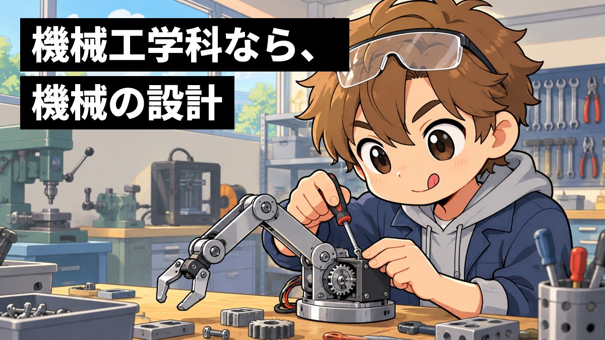 大学の工学部の実習室で、作業着の上着を羽織った茶髪の大学生が、小さなロボットアームの部品をドライバーで組み立てるのに夢中になっている。「機械工学科なら、機械の設計」の文字。