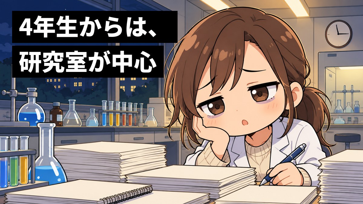 夜の大学の化学の研究室で、白衣を着た大学生の女子が、実験器具とレポートの山を前に、ほおづえをついてぐったりしている。「4年生からは、研究室が中心」の文字。