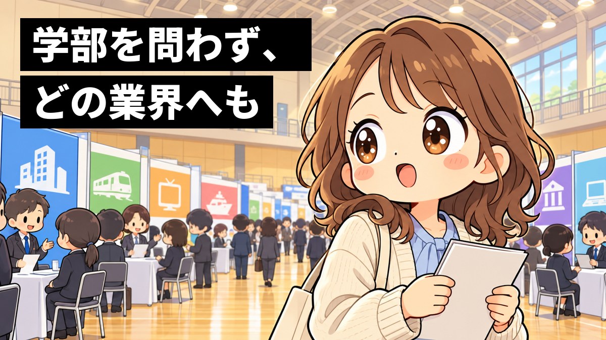 大学の体育館の合同企業説明会の会場で、私服の茶髪の大学生の女子が、ずらりと並ぶいろいろな業界の会社のブースを見回し、目を輝かせている。「学部を問わず、どの業界へも」の文字。