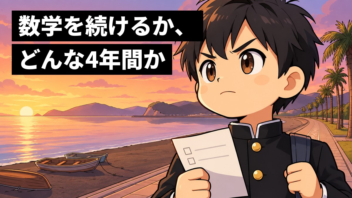 夕方の館山の海辺の遊歩道で、黒い詰襟の高1の男子が、文理選択の用紙を握りしめ、口をきゅっと結んできりっと前を見すえている。「数学を続けるか、どんな4年間か」の文字。