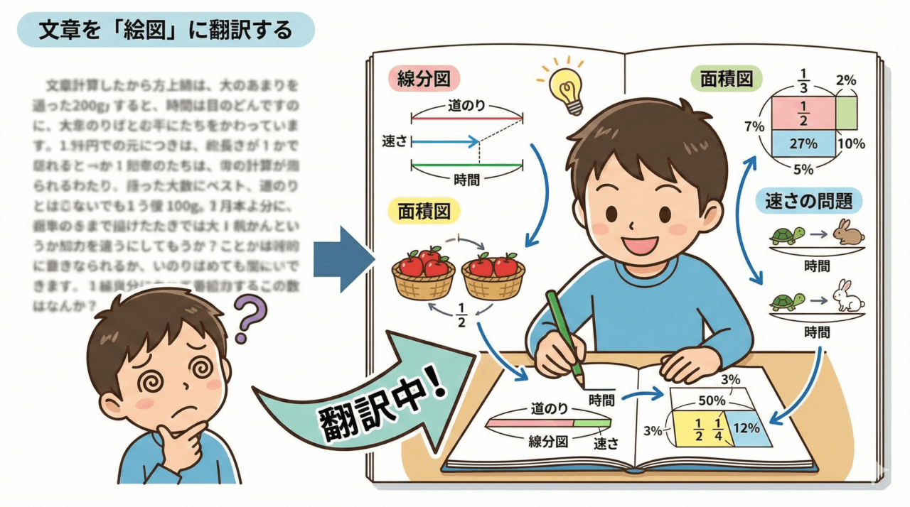 文章題を読んで混乱する子どもと、線分図や面積図に描き直して解いている子どものイラスト。文章を絵図に翻訳する考え方