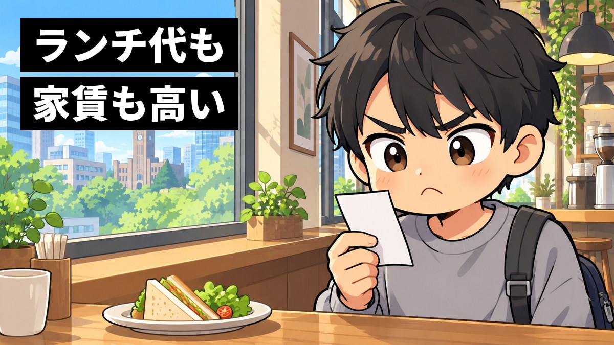 都心のおしゃれなカフェのカウンターで、大学生の男子がランチのレシートを見て、むっと口をとがらせている。「ランチ代も家賃も高い」の文字。
