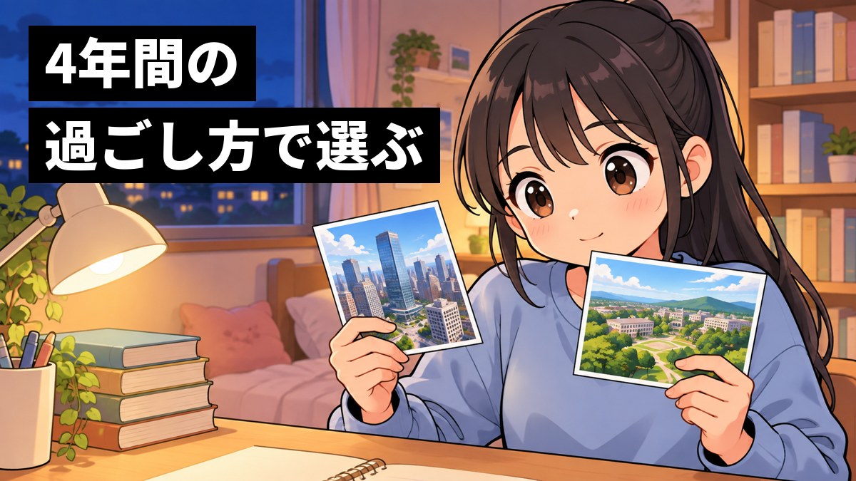 家の机で、高校生が都心の高層キャンパスと緑の広いキャンパスの2枚の写真を見比べ、ワクワクした顔で考えこんでいる。「4年間の過ごし方で選ぶ」の文字。
