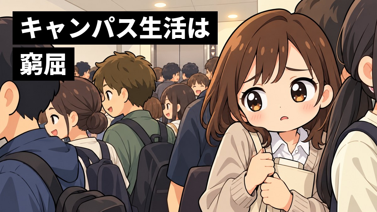 都心の大学の狭い廊下で、人の波にはさまれた大学生が、肩をすぼめて途方にくれている。「キャンパス生活は窮屈」の文字。