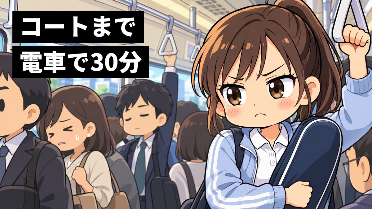 混んだ電車の中で、テニスラケットのケースを抱えた大学生が、うんざりした顔で口をへの字にしている。「コートまで電車で30分」の文字。