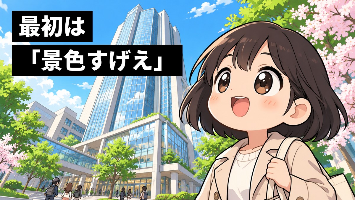 都心にそびえる高層ビルの大学の校舎を、新入生が下から見上げ、口を開けて目を輝かせている。「最初は『景色すげえ』」の文字。