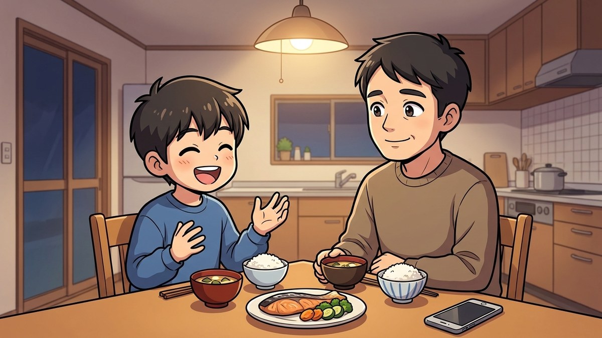 夕食の食卓でスマホを伏せて置き、中学生の息子と父親が笑顔で話している絵