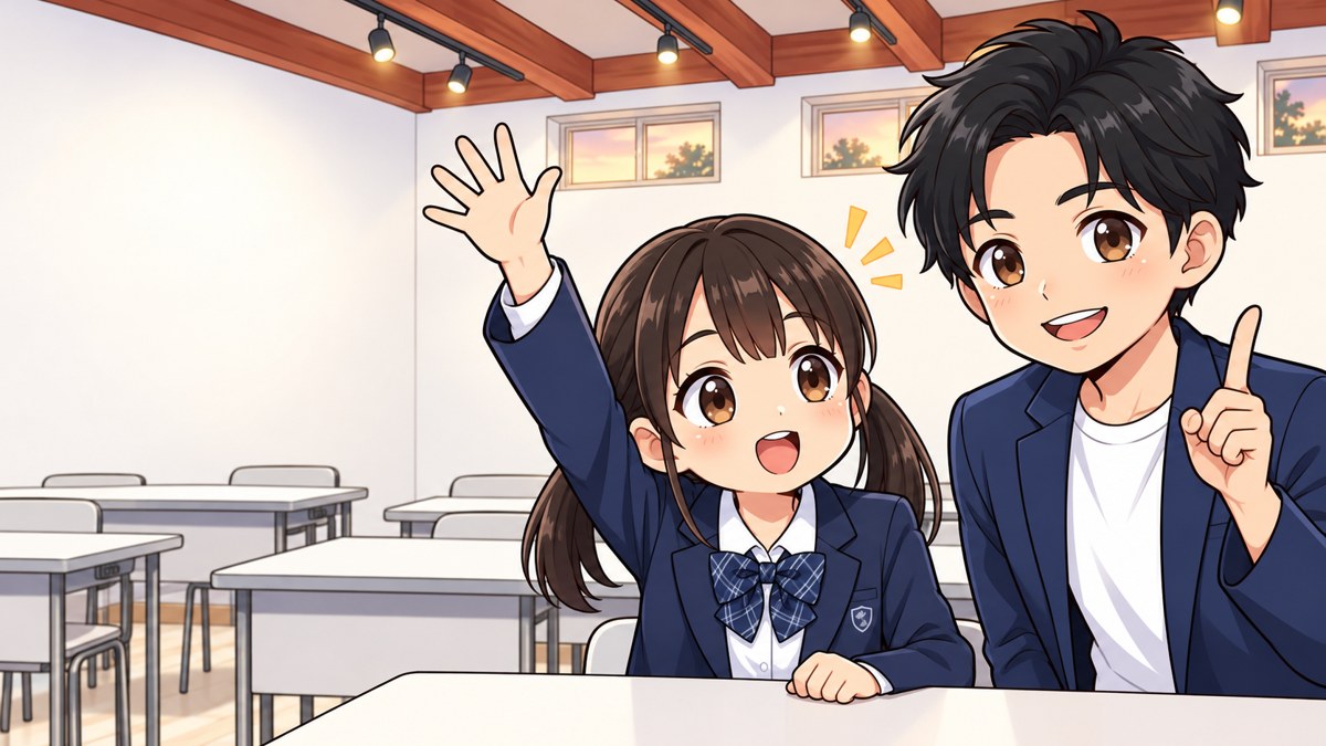 塾の教室で、館山中の制服の中学3年生の女子が手を挙げて塾長に入試の漢字のことを質問し、塾長が指を立てて答えようとしているイラスト。