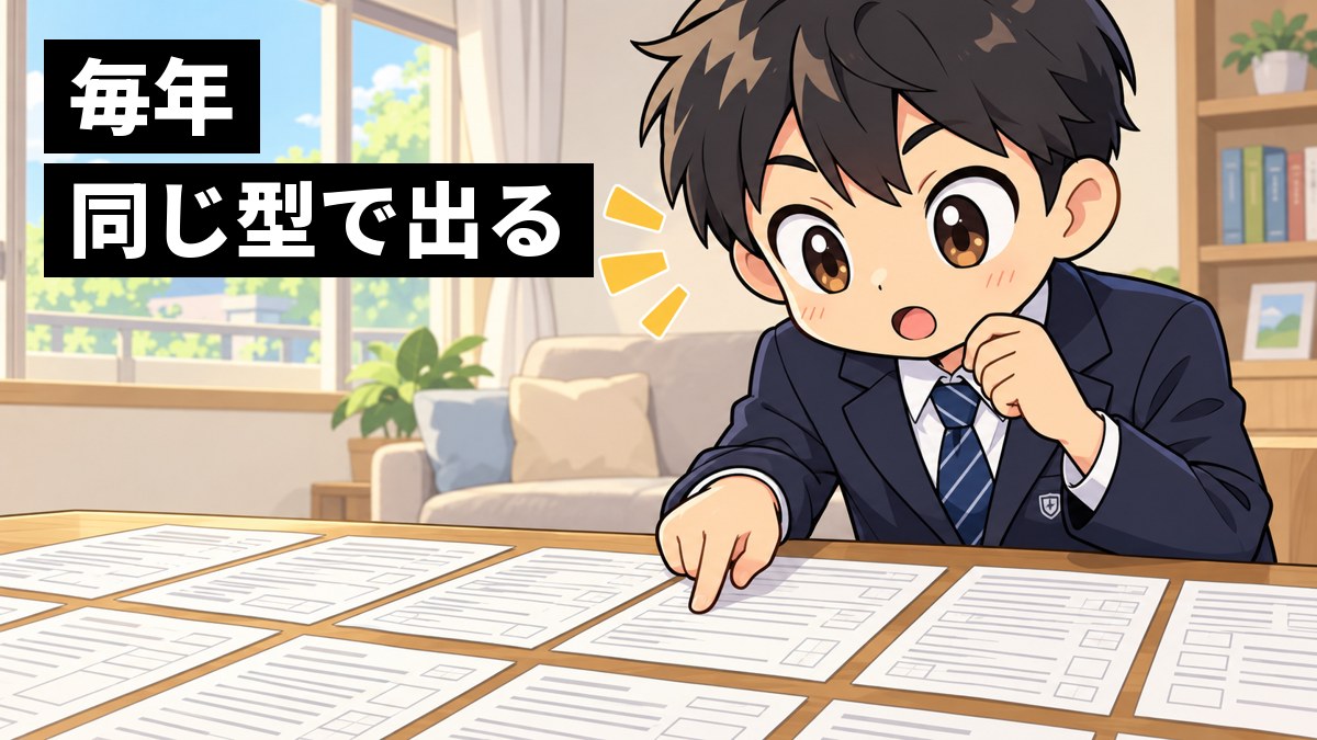 家のリビングのテーブルに何年分もの入試問題の紙を並べた館山中の制服の中学3年生の男子が、毎年同じ型で出ていることに気づき、目を見開いてひらめいた顔をしているイラスト。「毎年同じ型で出る」の文字。